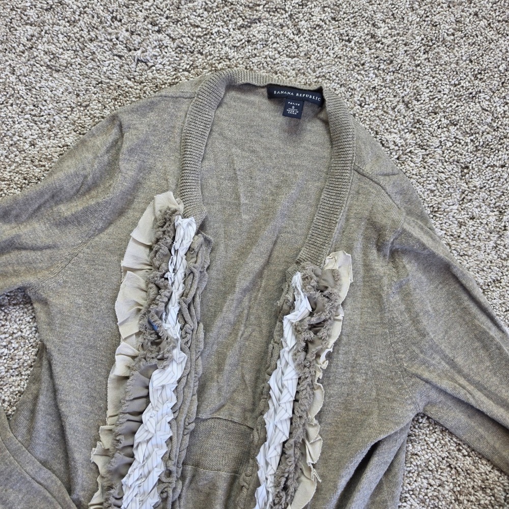 Banana Republic Ruffle Trim Cardigan Womens Petite S Tan Cotton Silk Wool Ladies